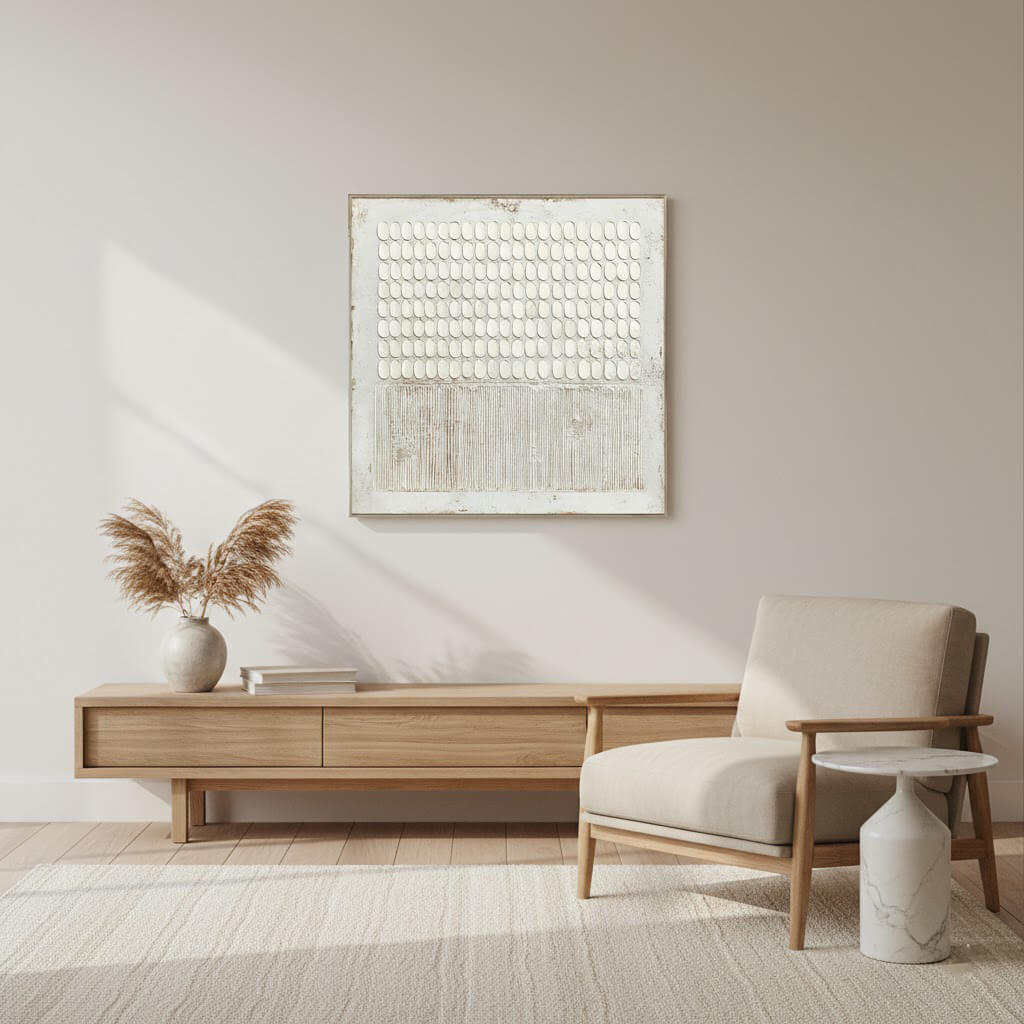 Modern living room with a wooden console table, beige armchair, and abstract artwork on the wall.