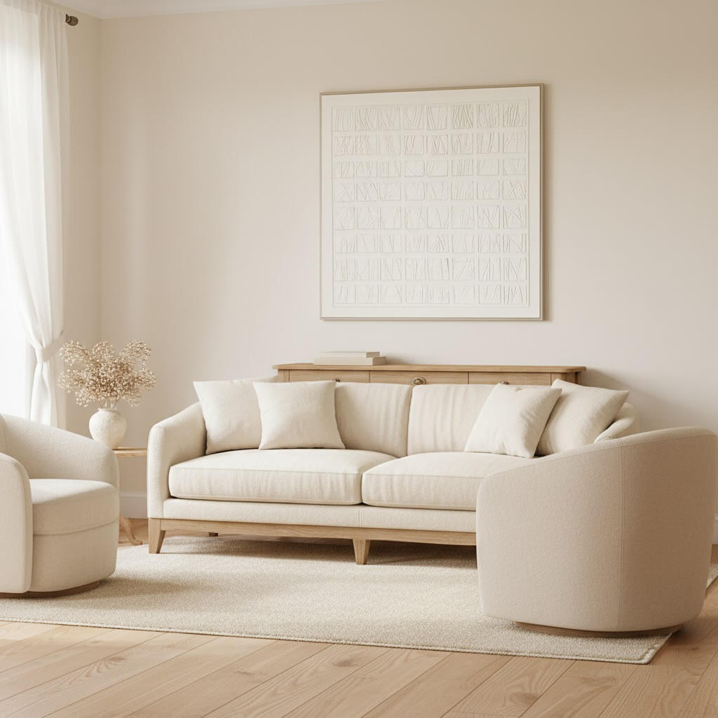 Beige sofa in a living room with a neutral color scheme