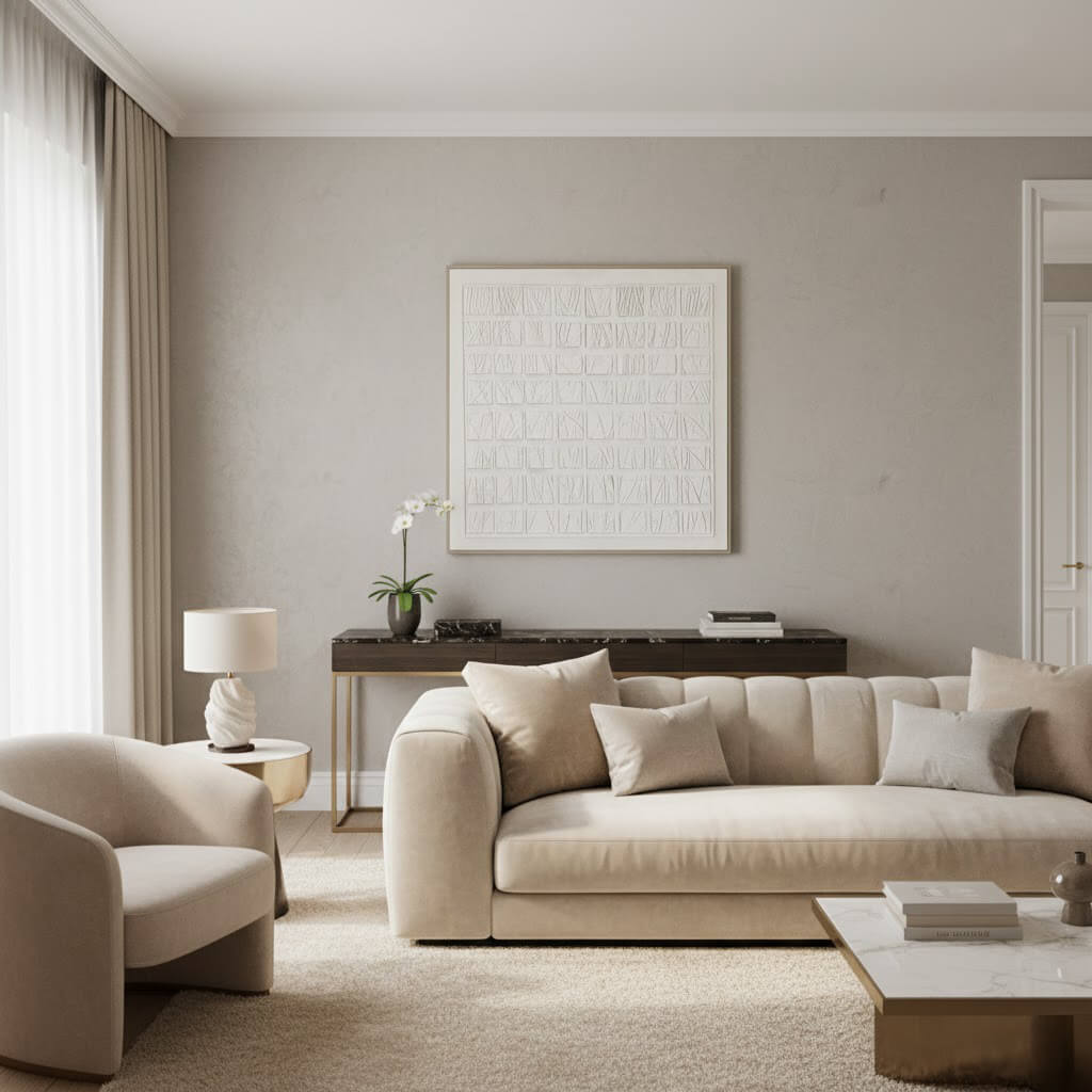 Modern living room with beige sofa, armchair, and coffee table.