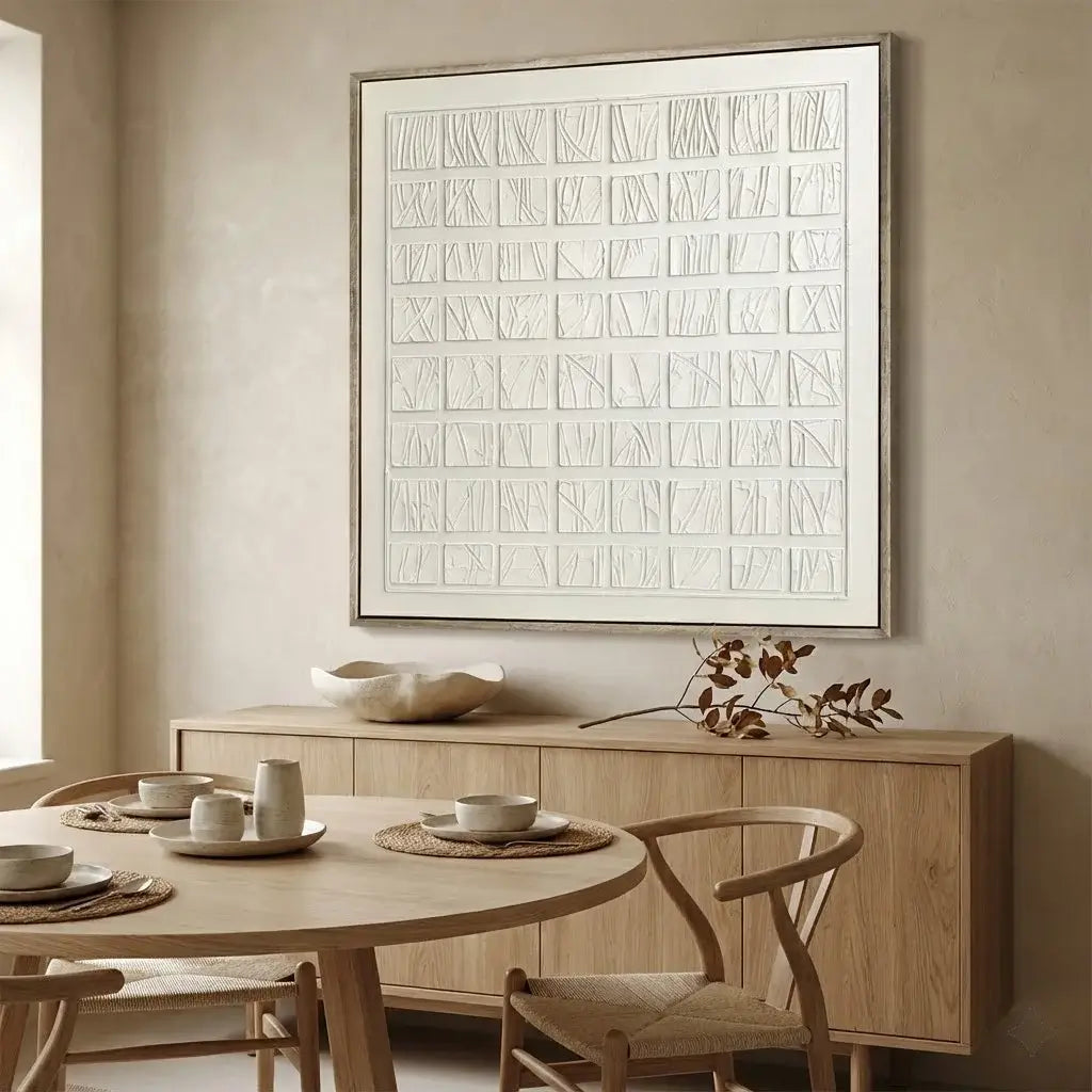 Dining room with a round table, chairs, and a large abstract painting on the wall.