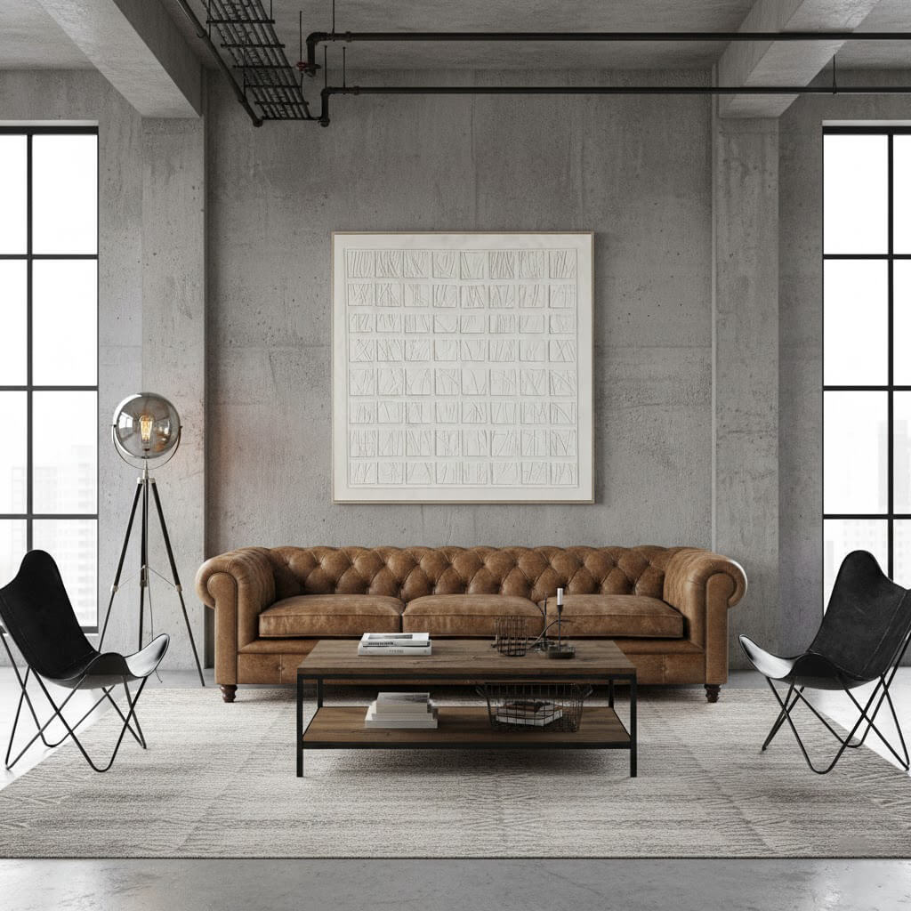 Modern living room with brown leather sofa, wooden coffee table, and black chairs.