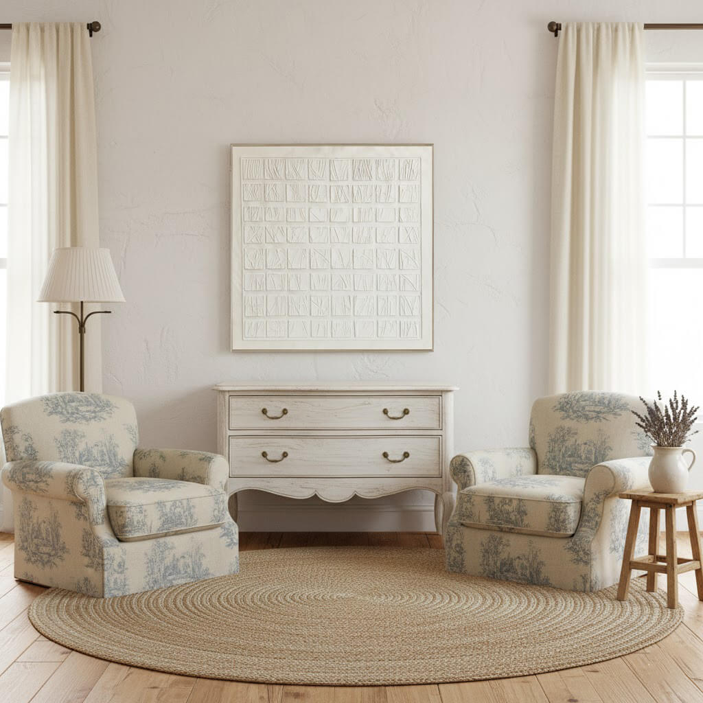 Living room with floral armchairs, a dresser, and a round rug.