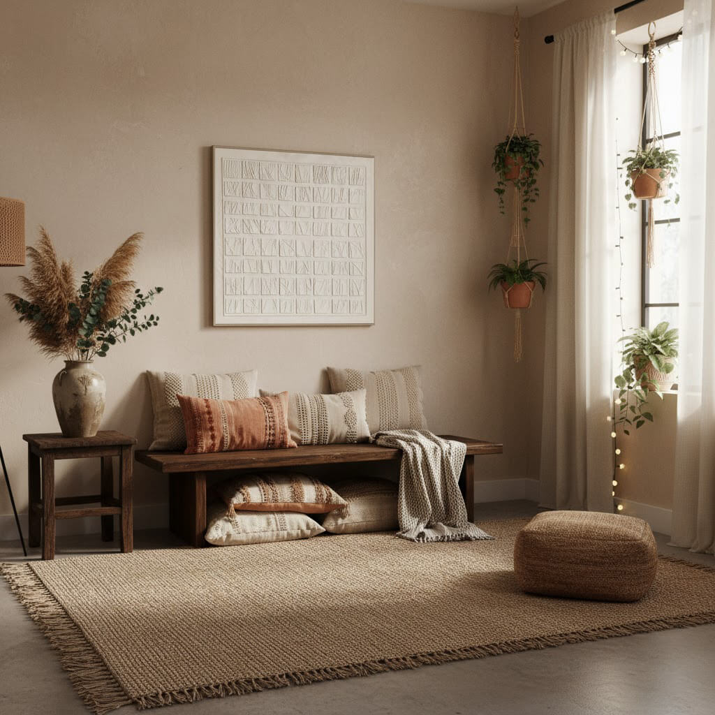 Cozy living room with a wooden bench, pillows, and a rug.