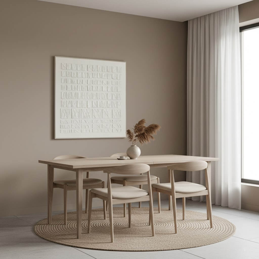Dining room with wooden table and chairs against a beige wall with a framed abstract art piece.