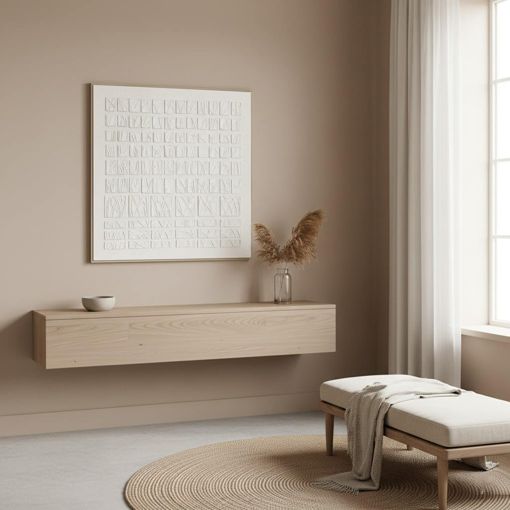 Modern interior with a wooden console table, bench, and framed artwork on a beige wall.