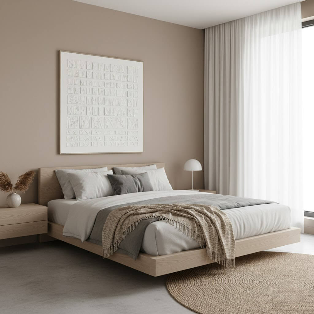 Modern bedroom with a bed, side table, and wall art.