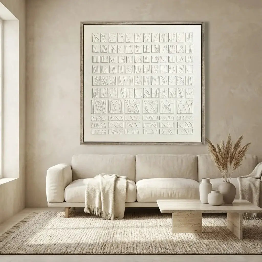 Beige living room with a large framed abstract artwork on the wall.