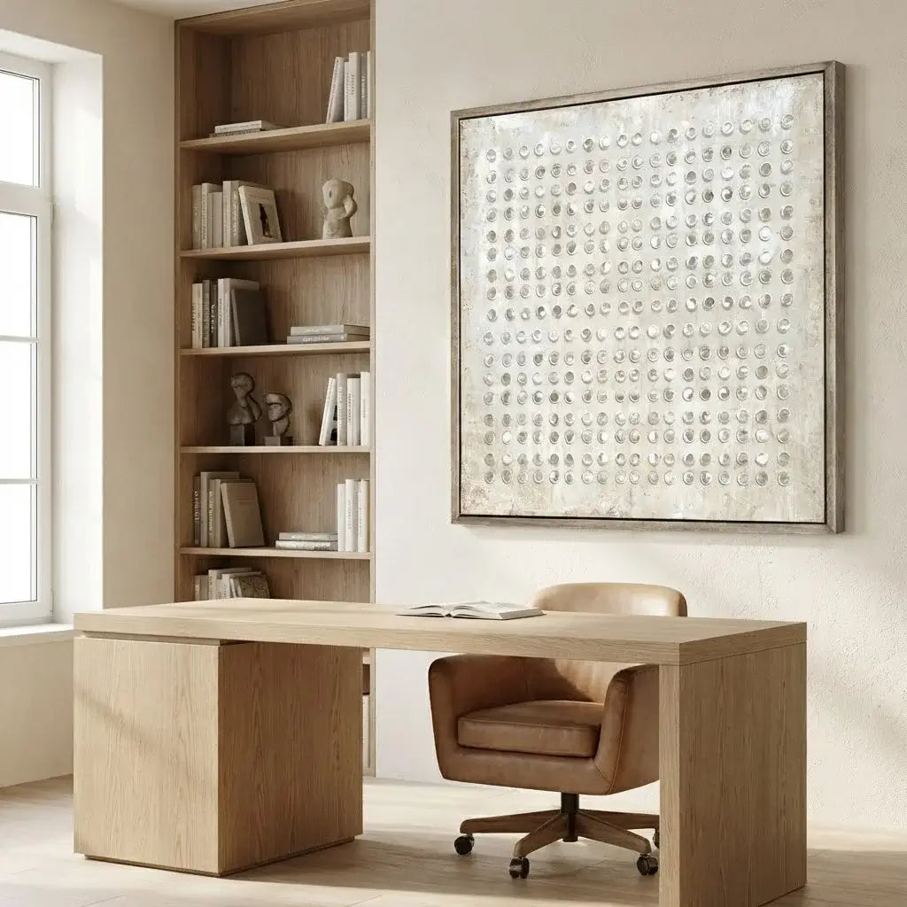 Modern home office with wooden desk, bookshelf, and wall art.