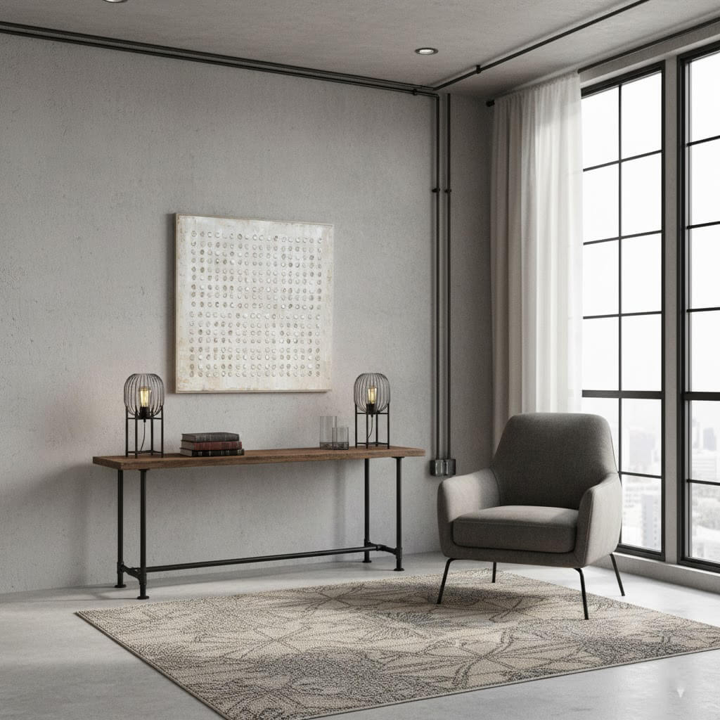 Modern interior with a console table and armchair near large windows.