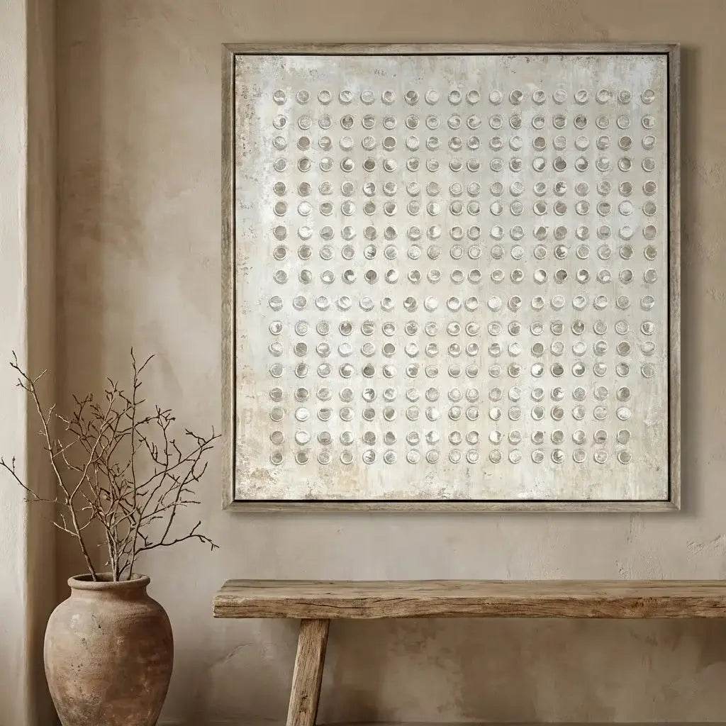 Abstract art piece with circular patterns on a beige wall, accompanied by a wooden bench and vase.