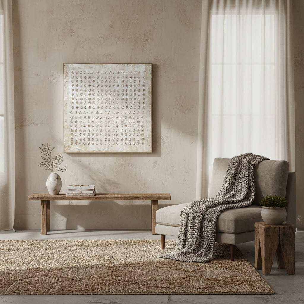 Living room with a beige sofa, wooden coffee table, and abstract wall art.