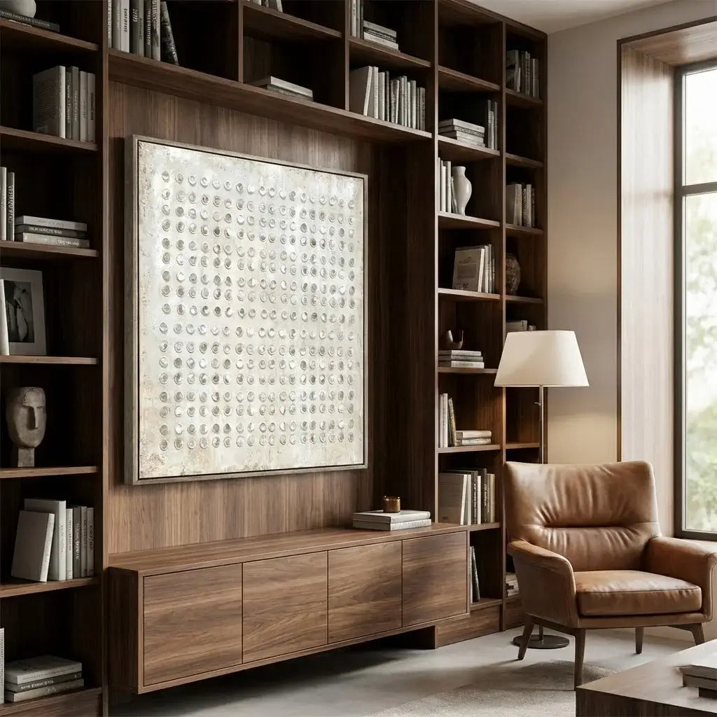 Modern living room with wooden bookshelves, a brown armchair, and a large framed artwork.