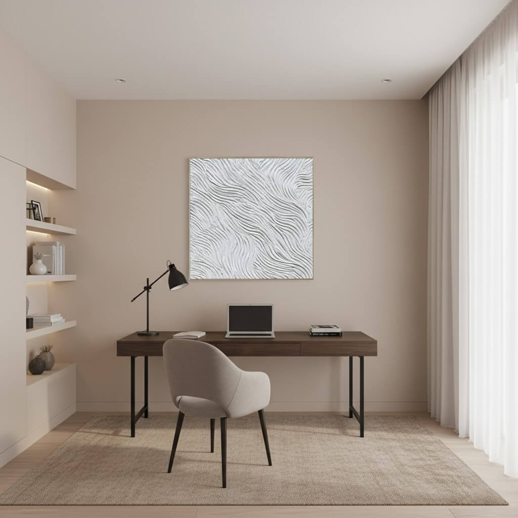 Modern home office with a desk, chair, and wall art.