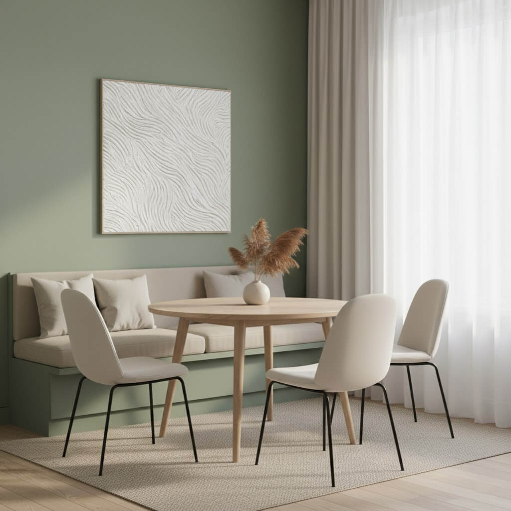 Dining room with a round wooden table and chairs against a green wall with a textured painting.