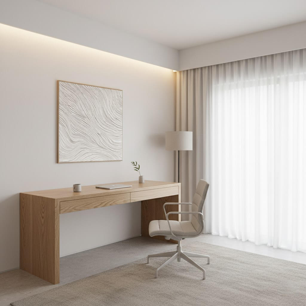 Modern home office with wooden desk, chair, and abstract art on wall.