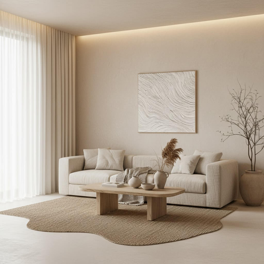 Modern living room with beige sofa, coffee table, and abstract wall art.
