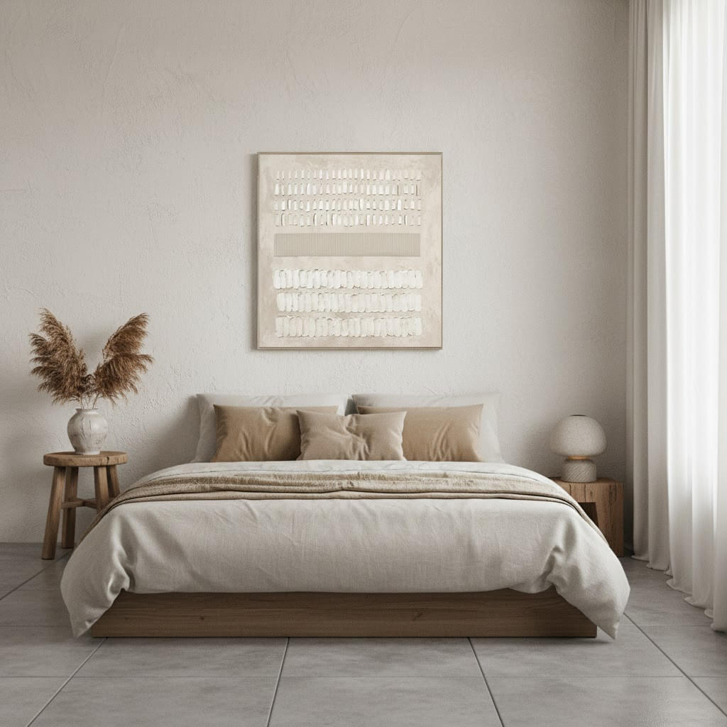 Neatly made bed in a bedroom with abstract art on the wall.