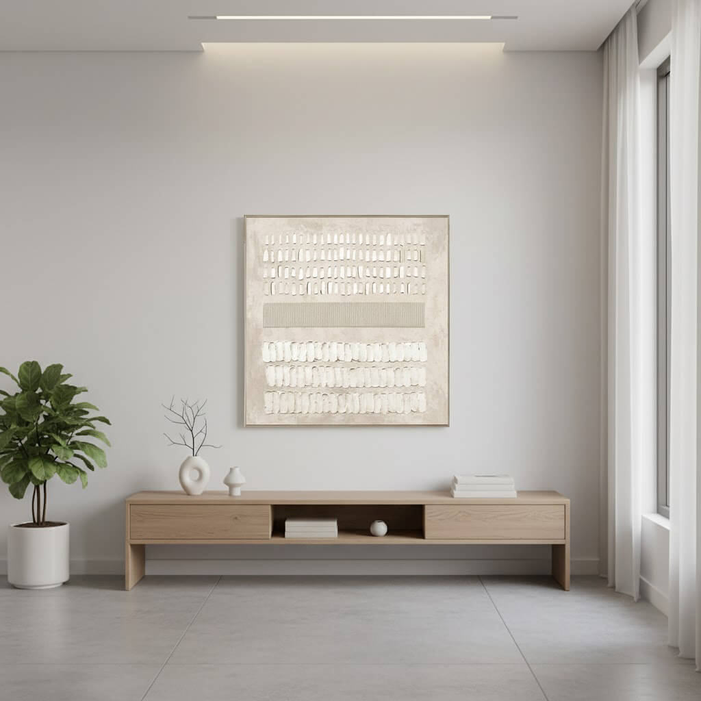 Modern living room with a wooden TV stand, decorative plant, and abstract wall art.