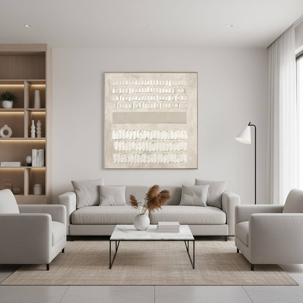 Modern living room with gray sofa, white armchairs, and abstract wall art.