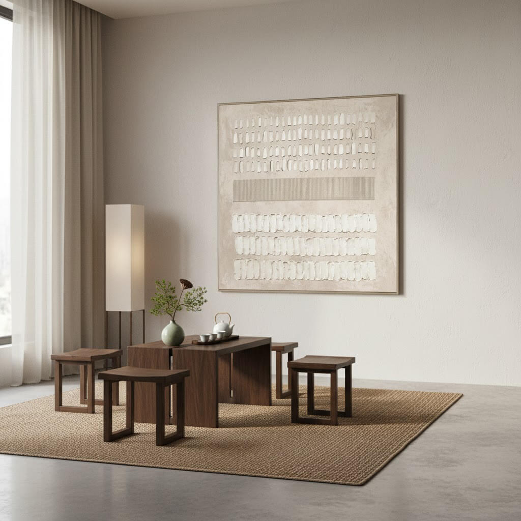 Modern dining room with wooden furniture, abstract art, and a lamp.