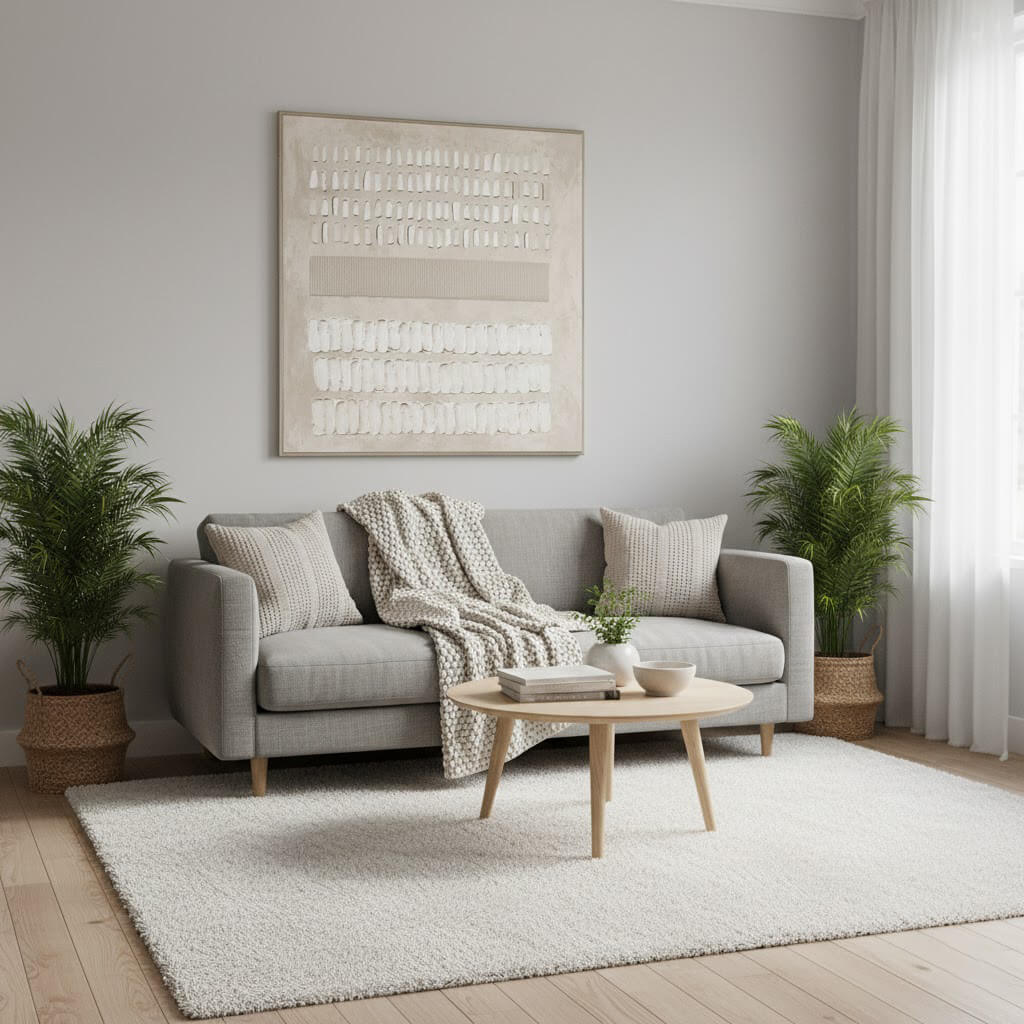 Modern living room with a gray sofa, wooden coffee table, and decorative plants.