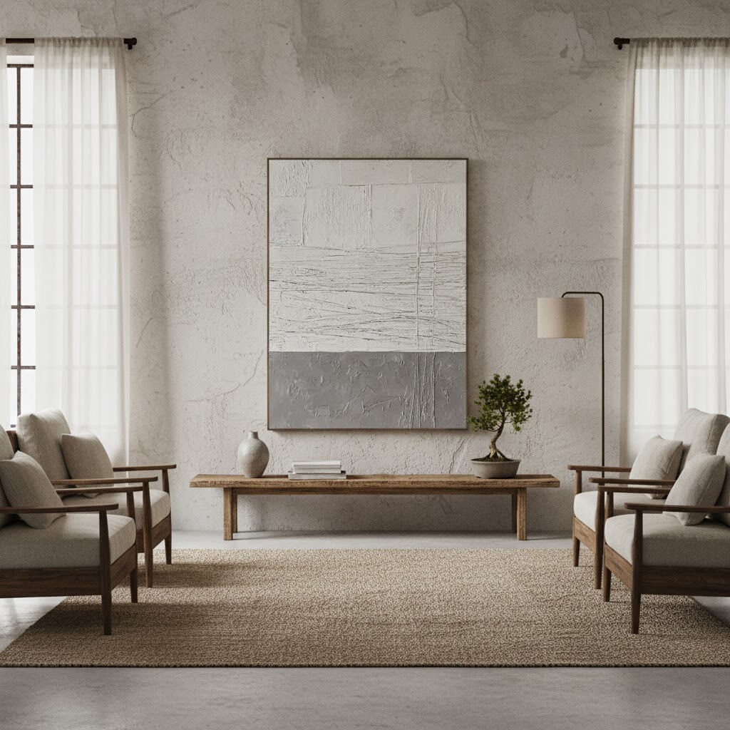 Modern living room with neutral tones, wooden furniture, and a large abstract painting.