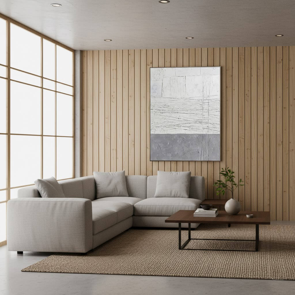 Modern living room with a sectional sofa, coffee table, and abstract painting on a wooden wall.