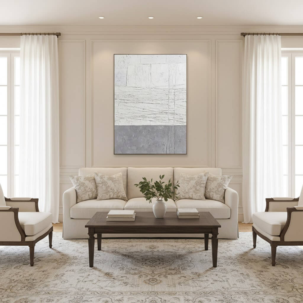 Living room with a beige sofa, wooden coffee table, and abstract painting on the wall.
