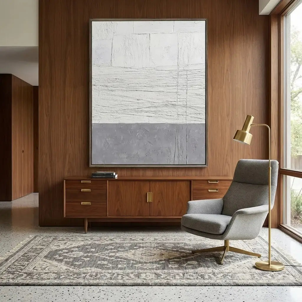 Modern living room with wooden cabinet, gray armchair, and abstract painting.