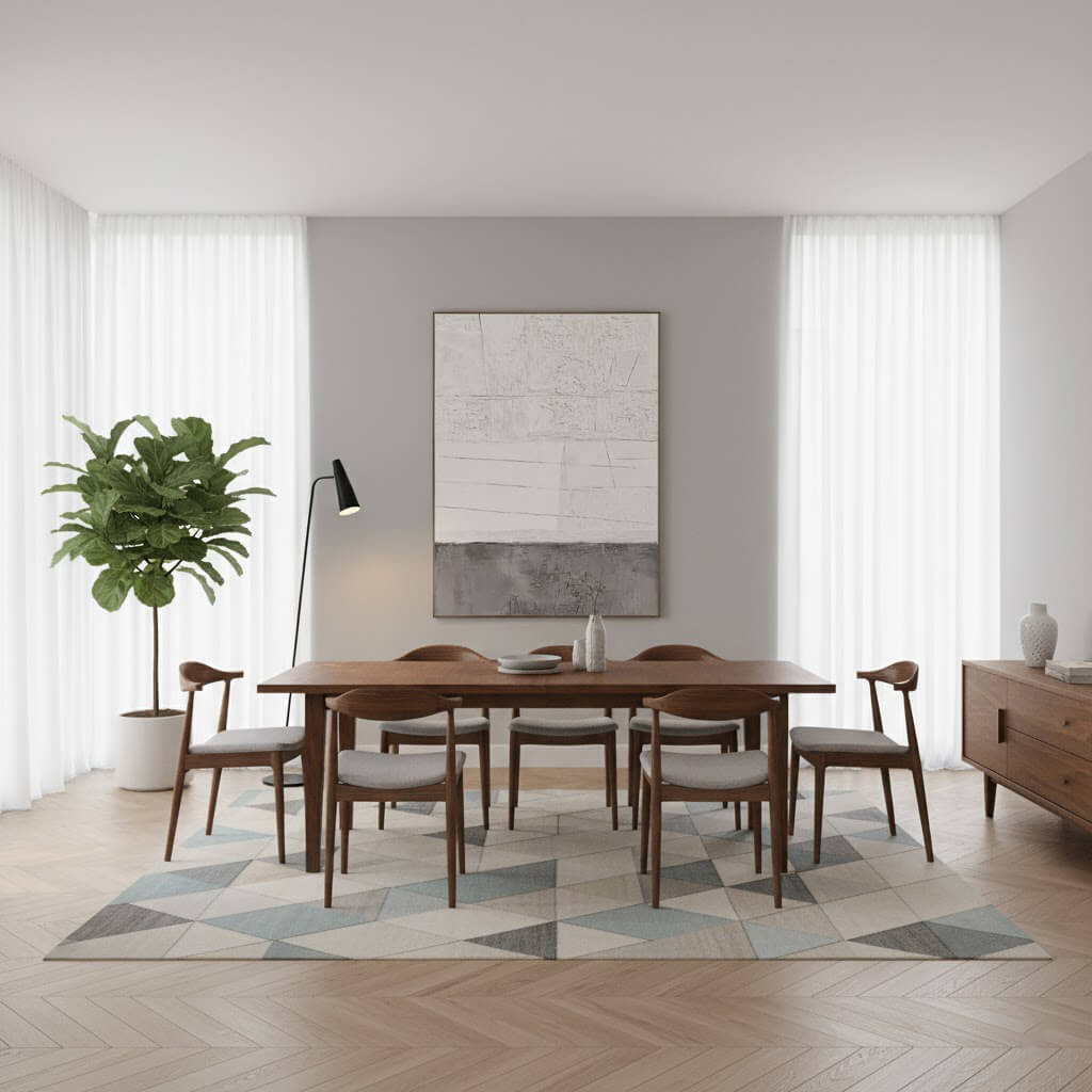 Dining room with wooden table and chairs, abstract painting on the wall, and a plant.