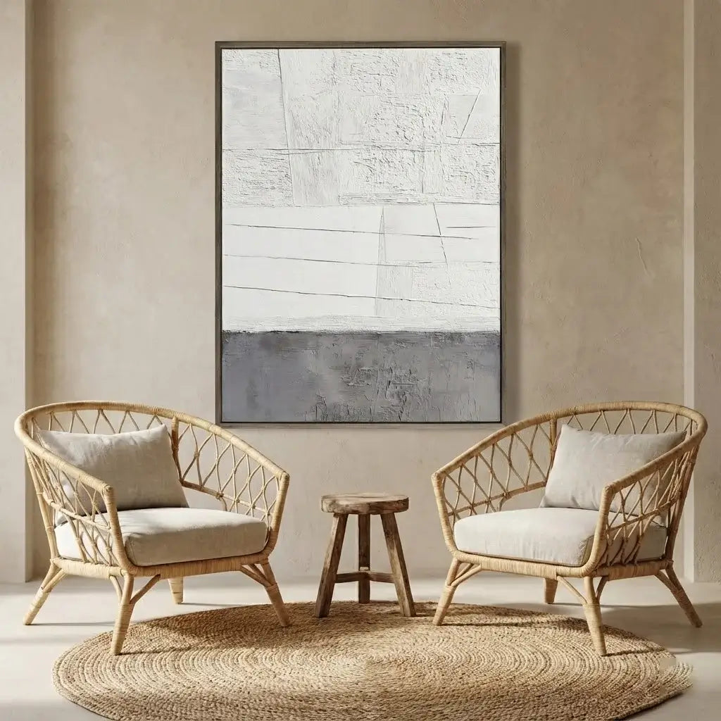 Two wicker chairs with cushions in a room with a abstract painting on the wall.