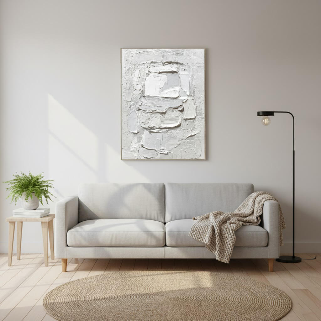 Gray sofa in a living room with abstract art on the wall