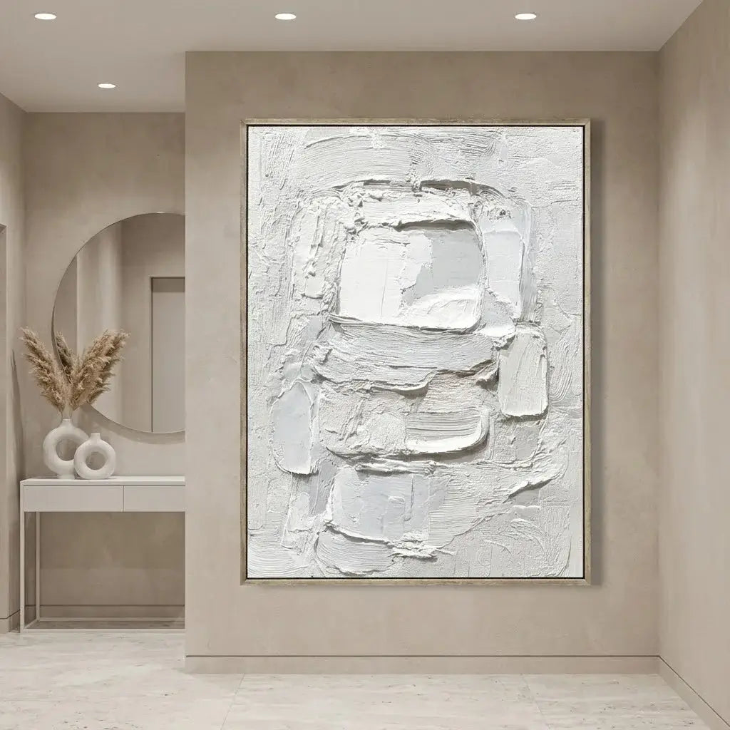 Abstract painting in a modern interior setting with neutral colors