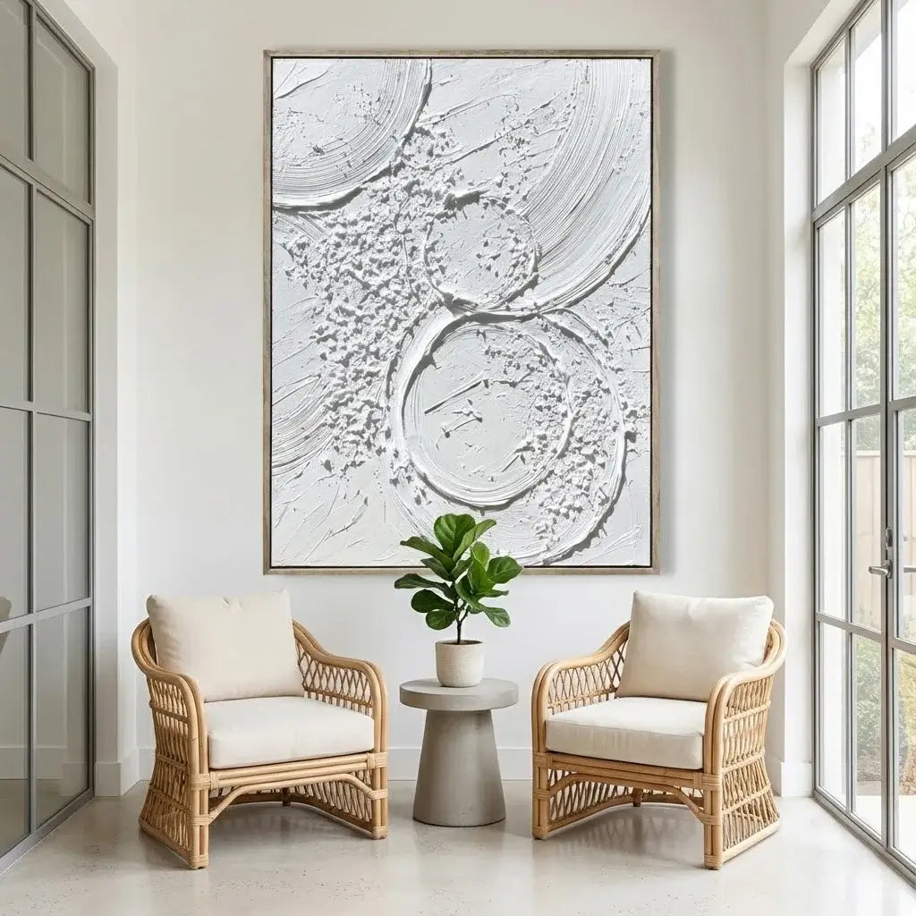 Two wicker chairs with white cushions and a small round table with a plant, all in a bright room with large windows.