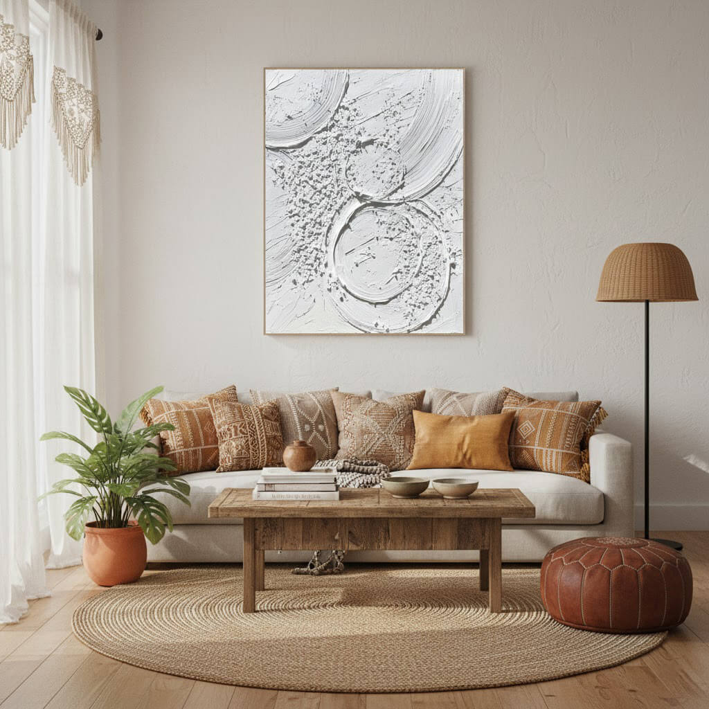 Cozy living room with a sectional sofa, wooden coffee table, and decorative elements.