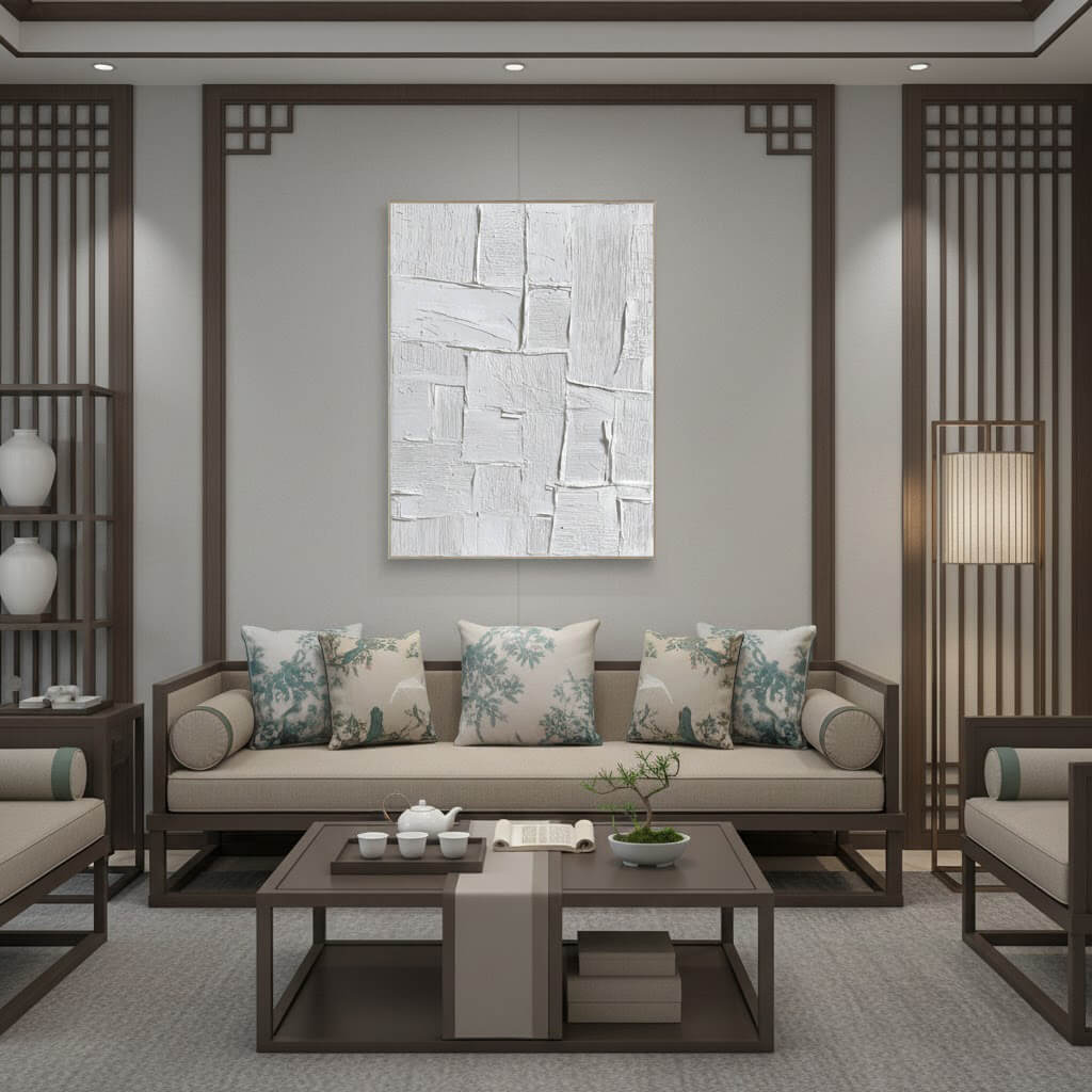 Modern living room with wooden furniture, decorative pillows, and a abstract wall art.