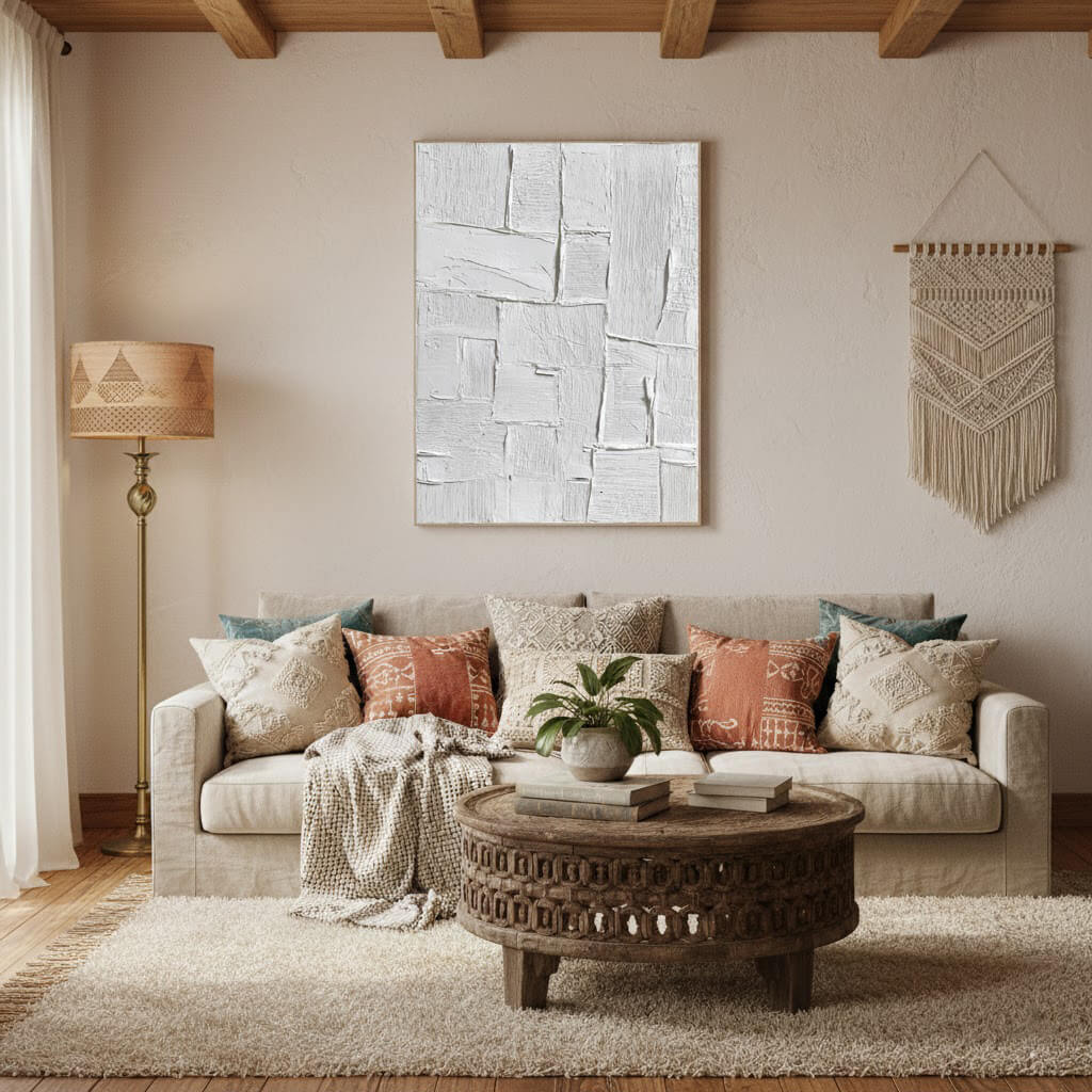 Cozy living room with a beige sofa, decorative pillows, a round wooden coffee table, and wall art.