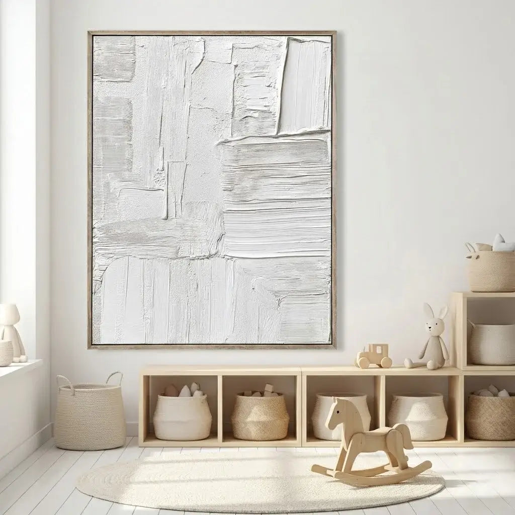 Modern interior with abstract art, wooden toys, and storage baskets.