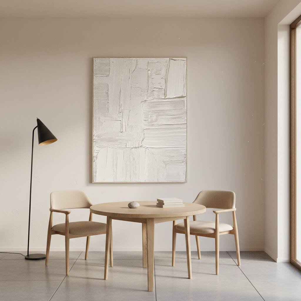 Dining area with round wooden table and chairs, abstract painting on wall, and floor lamp.