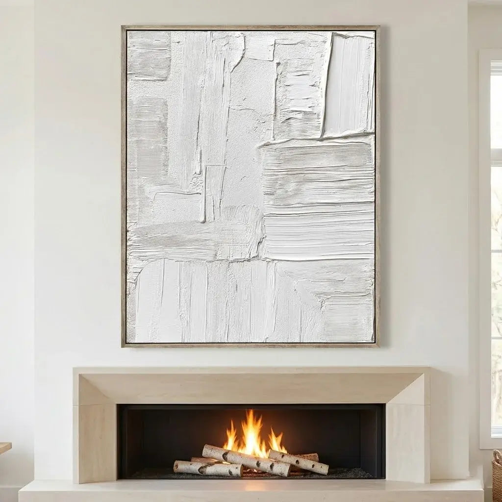 Abstract painting above a fireplace with flames