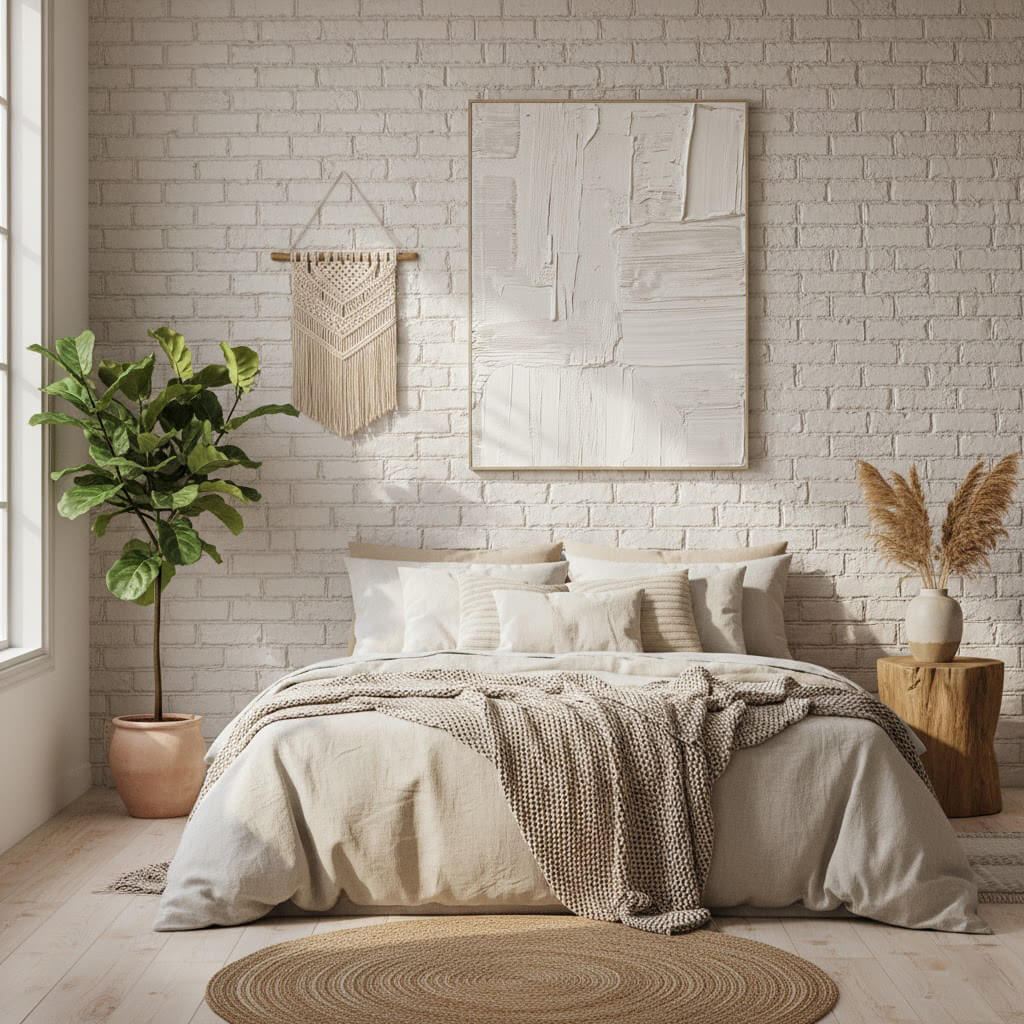 Cozy bedroom with a bed, plant, and wall art against a brick wall.