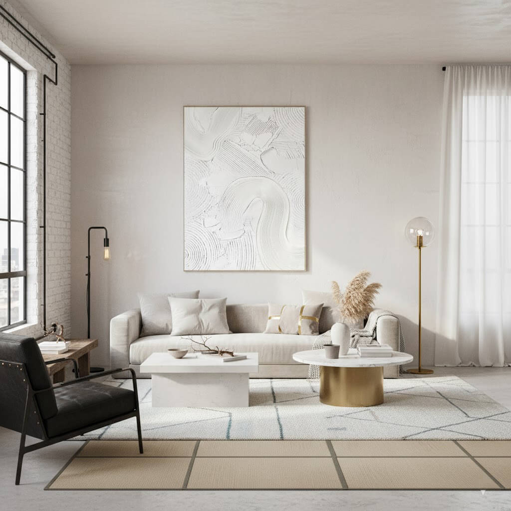 Modern living room with a gray sofa, coffee table, and abstract art on the wall.