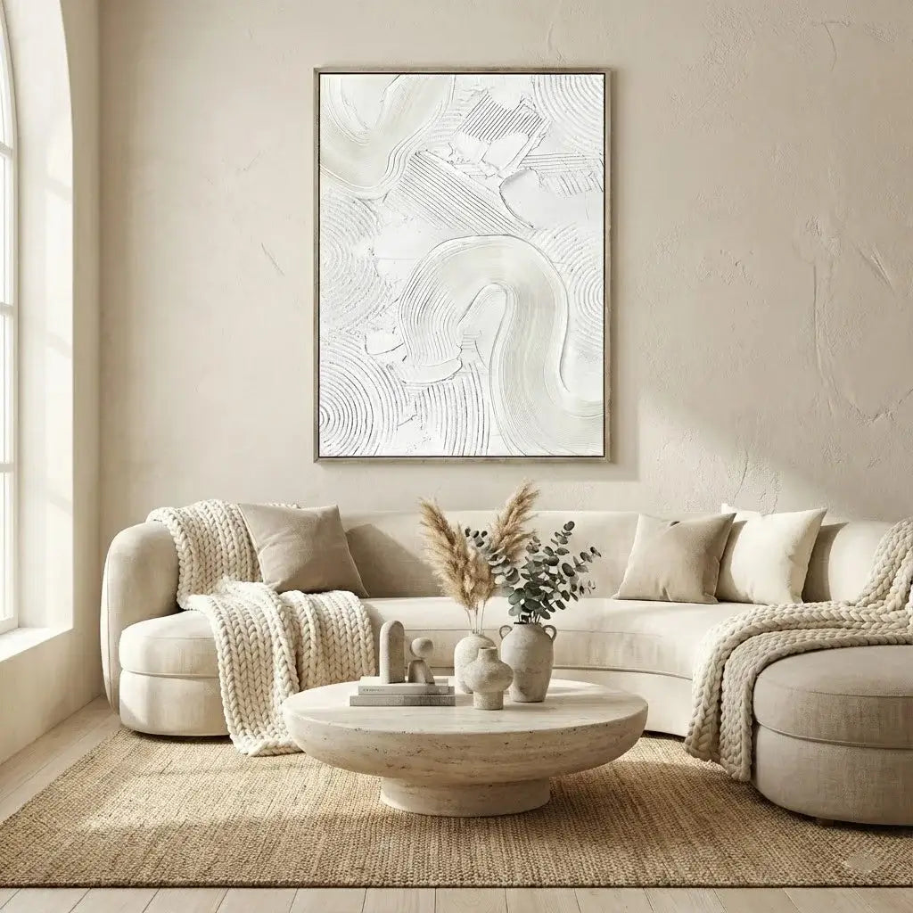 Modern living room with a beige sectional sofa, round coffee table, and abstract wall art.