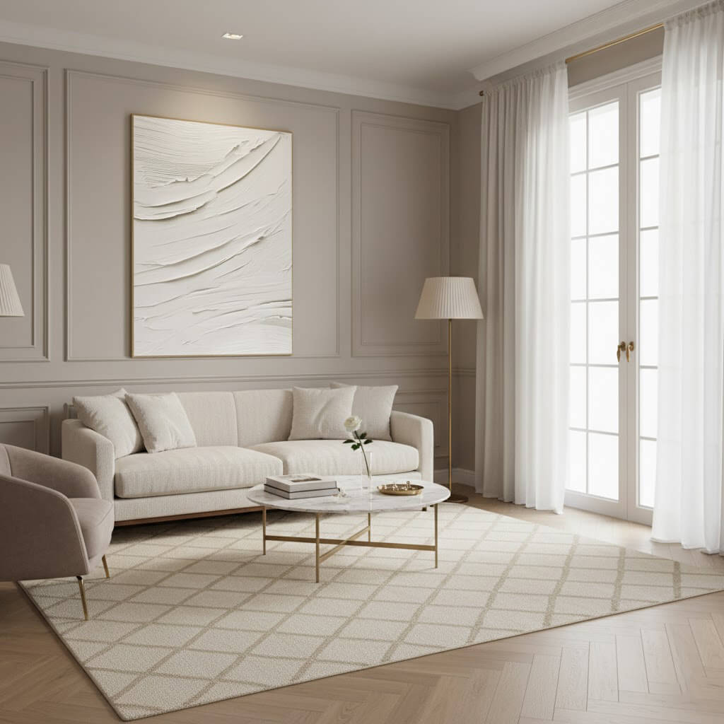 Modern living room with beige sofa, coffee table, and abstract art on wall.