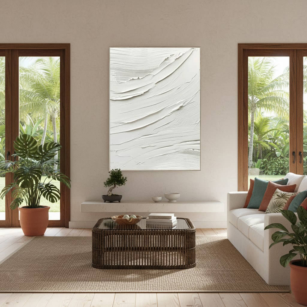 Modern living room with abstract wall art, plants, and a sofa.