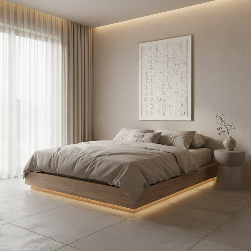 Modern bedroom with a bed, side table, and abstract art on the wall.