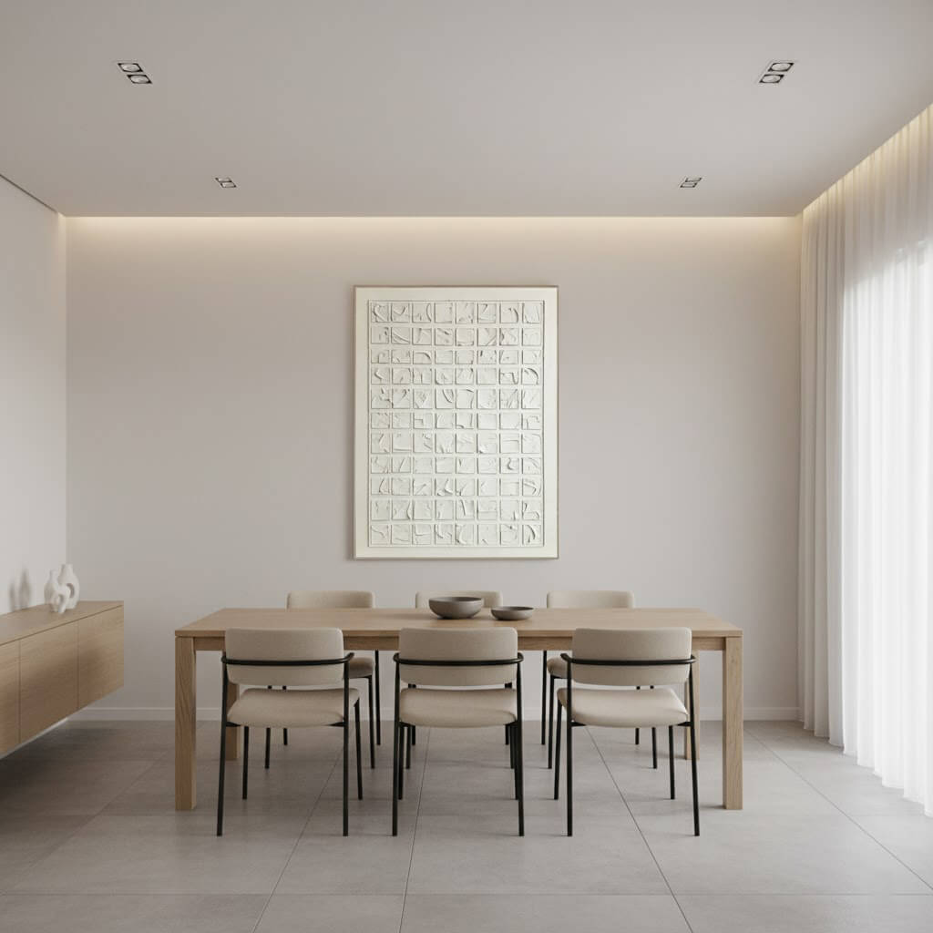 Modern dining room with wooden table and chairs, light-colored walls, and a decorative wall art piece.