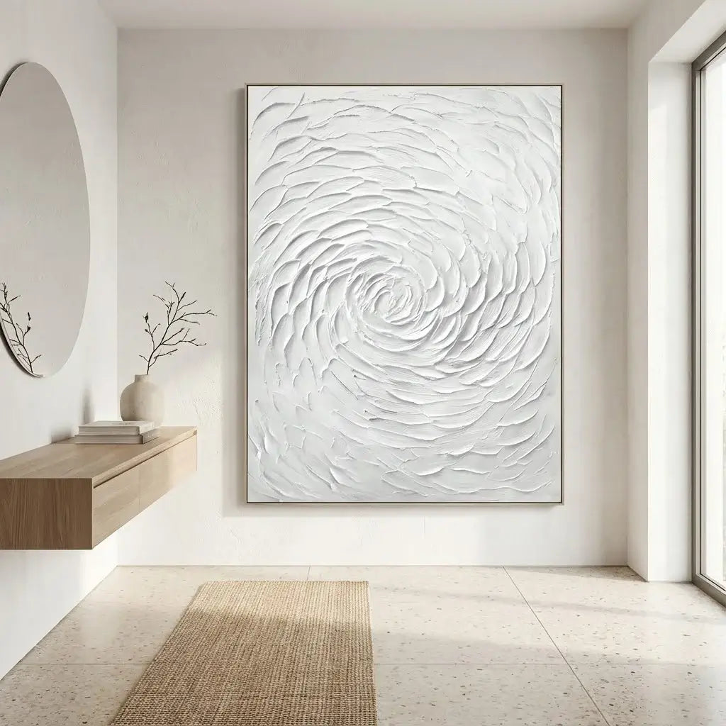 Abstract wall art in a modern interior setting with a wooden console table and mirror.