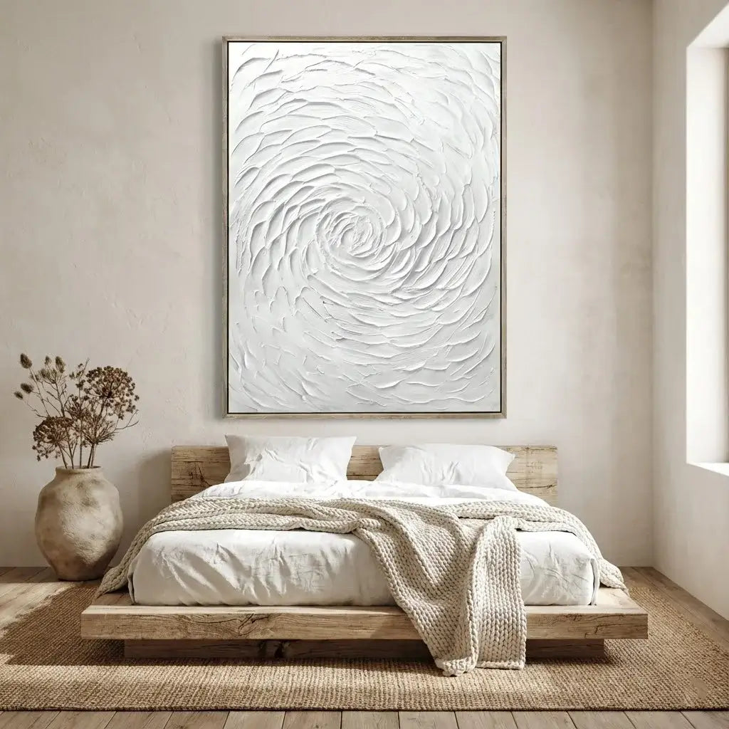 Modern bedroom with wooden bed, abstract wall art, and natural decor.
