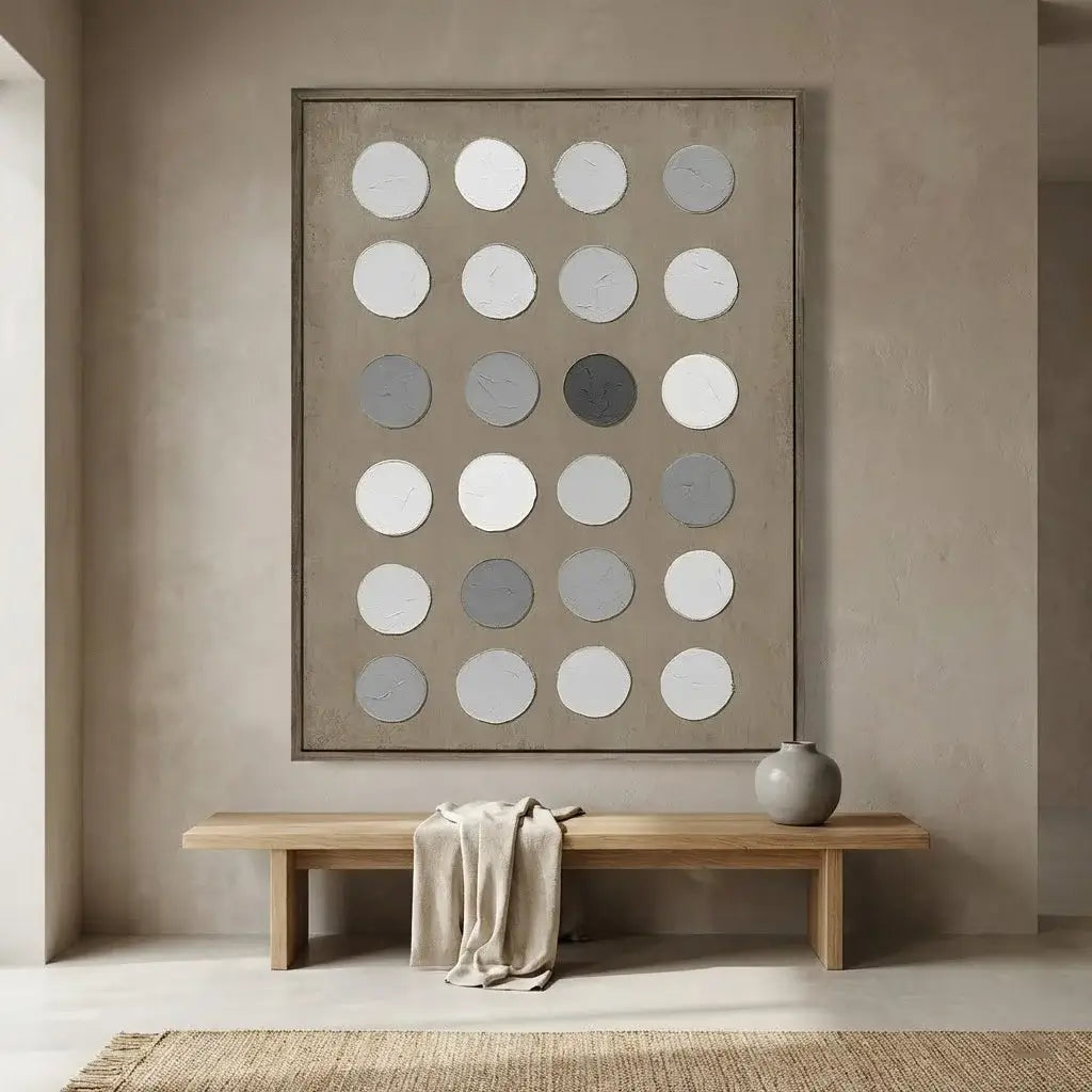 Modern interior with a wooden bench, rug, and abstract wall art.